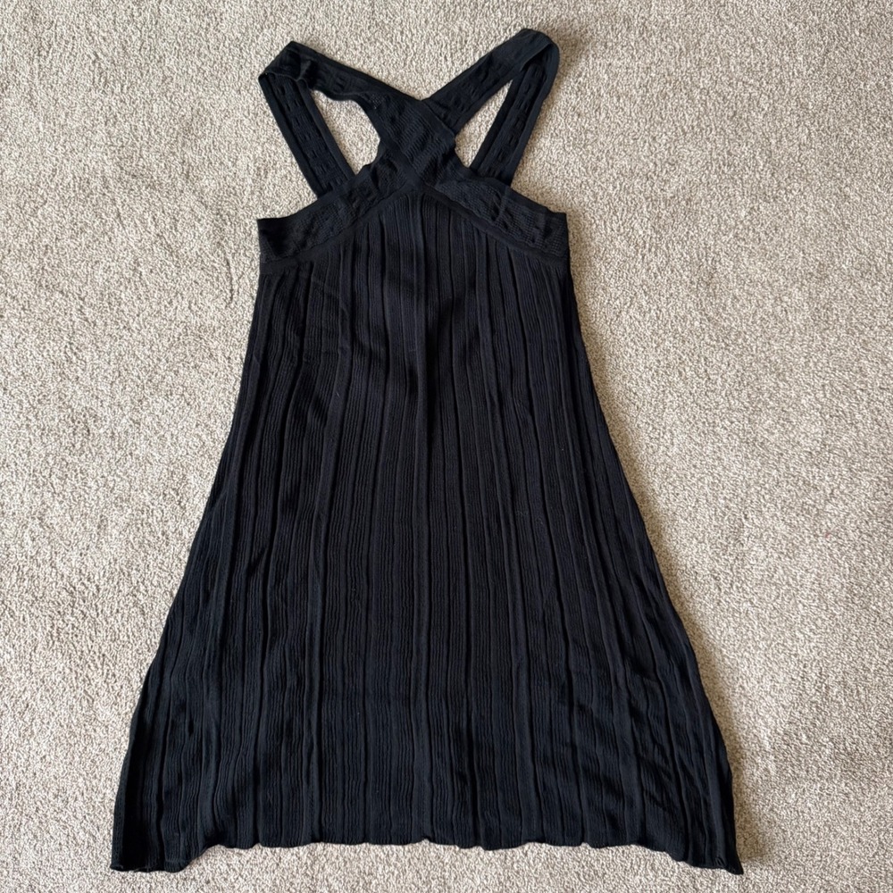Tibi Black Knit Cross Neck Sleeveless A-Line Dress S Rayon Cotton Blend NWT